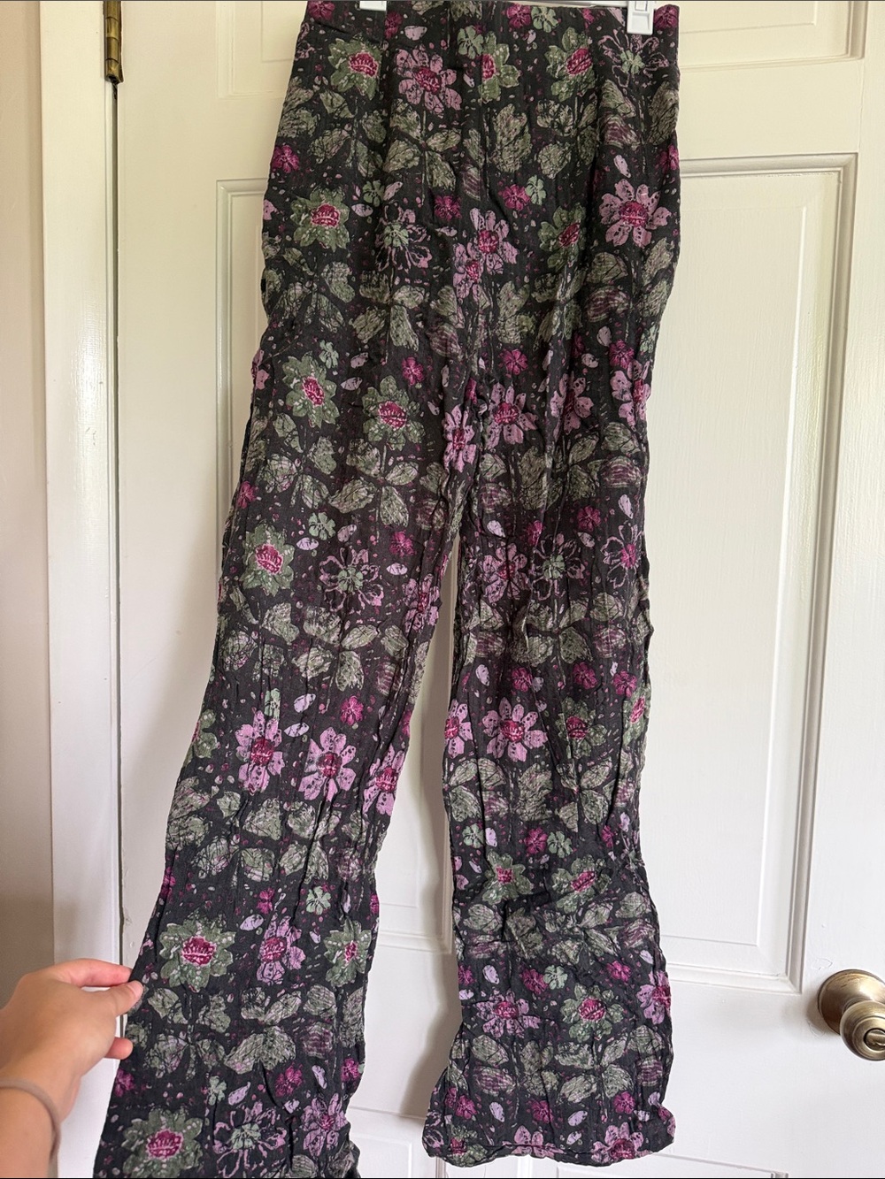 Zara Black Floral Wide-Leg Pants with Pink & Green Flowers